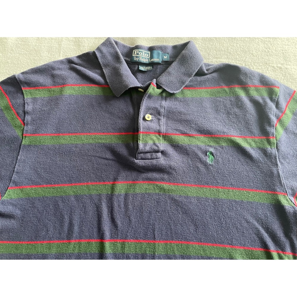 Polo Ralph Lauren Mens Med Navy Blu Striped Short Sleeve Cotton Polo Shirt Rugby - Picture 2 of 8